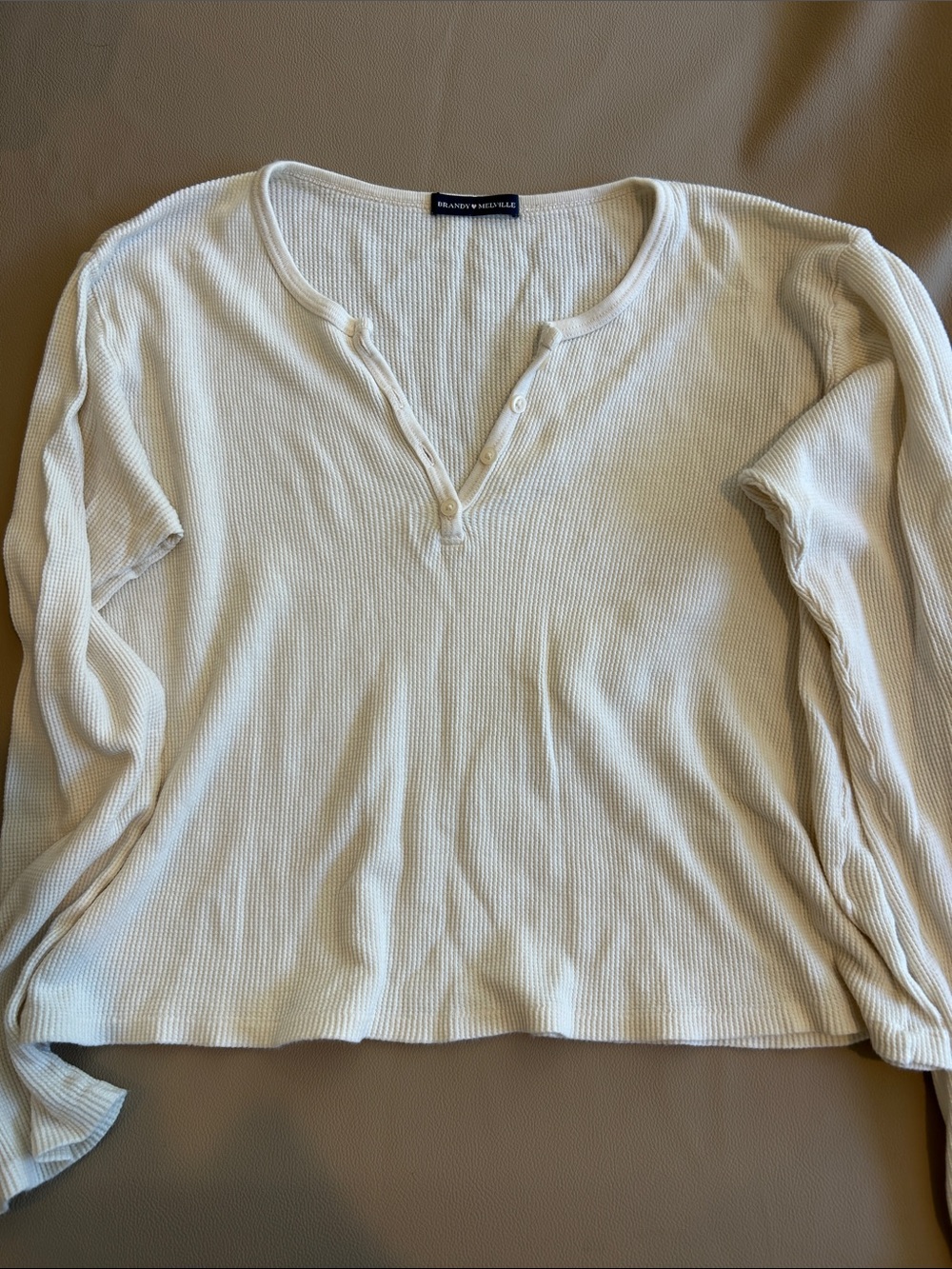 Brandy Melville Cream Waffle Knit V-Neck Henley Shirt